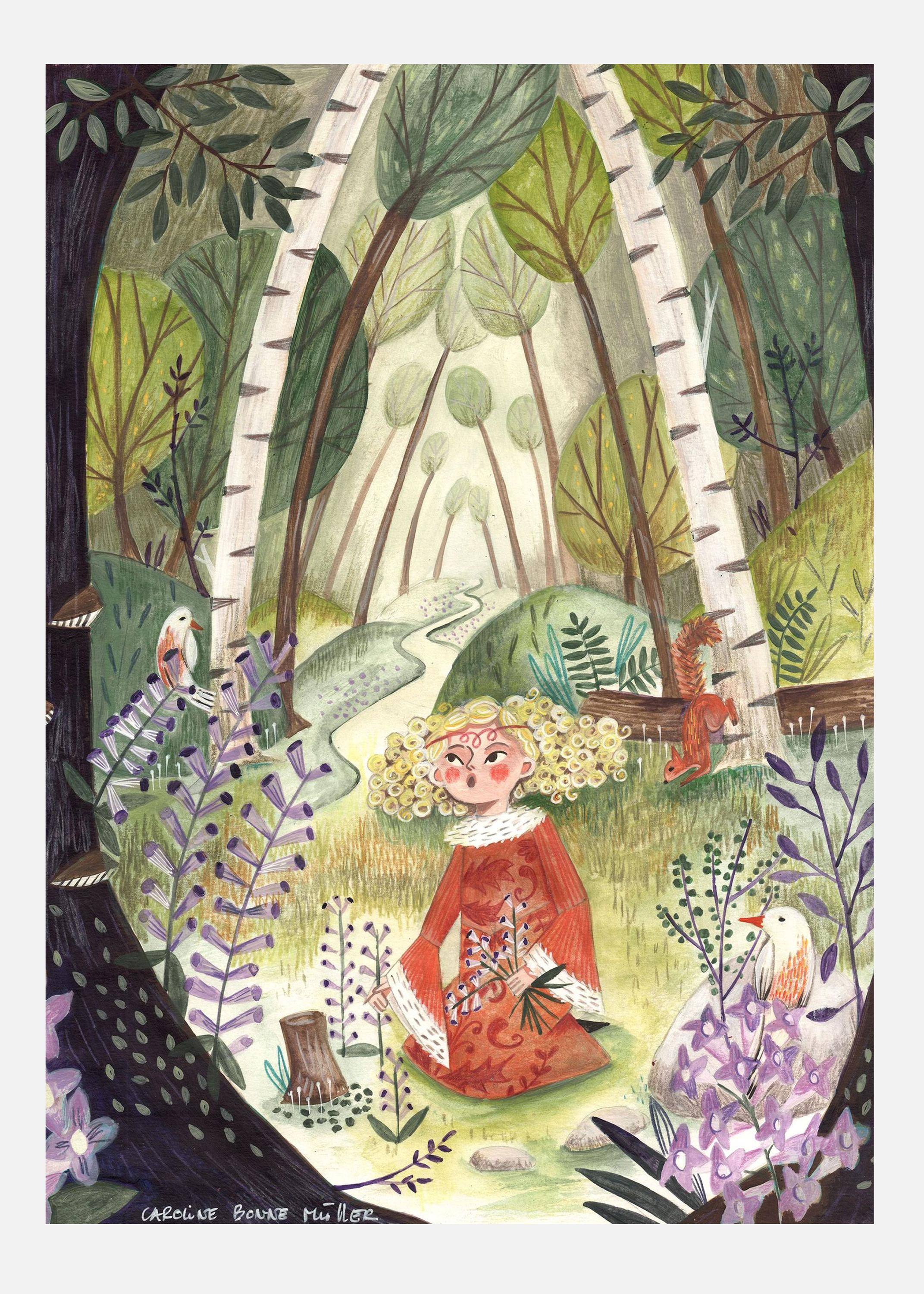 Princess In The Forest With Flowers Canvastavla (50x70 cm)