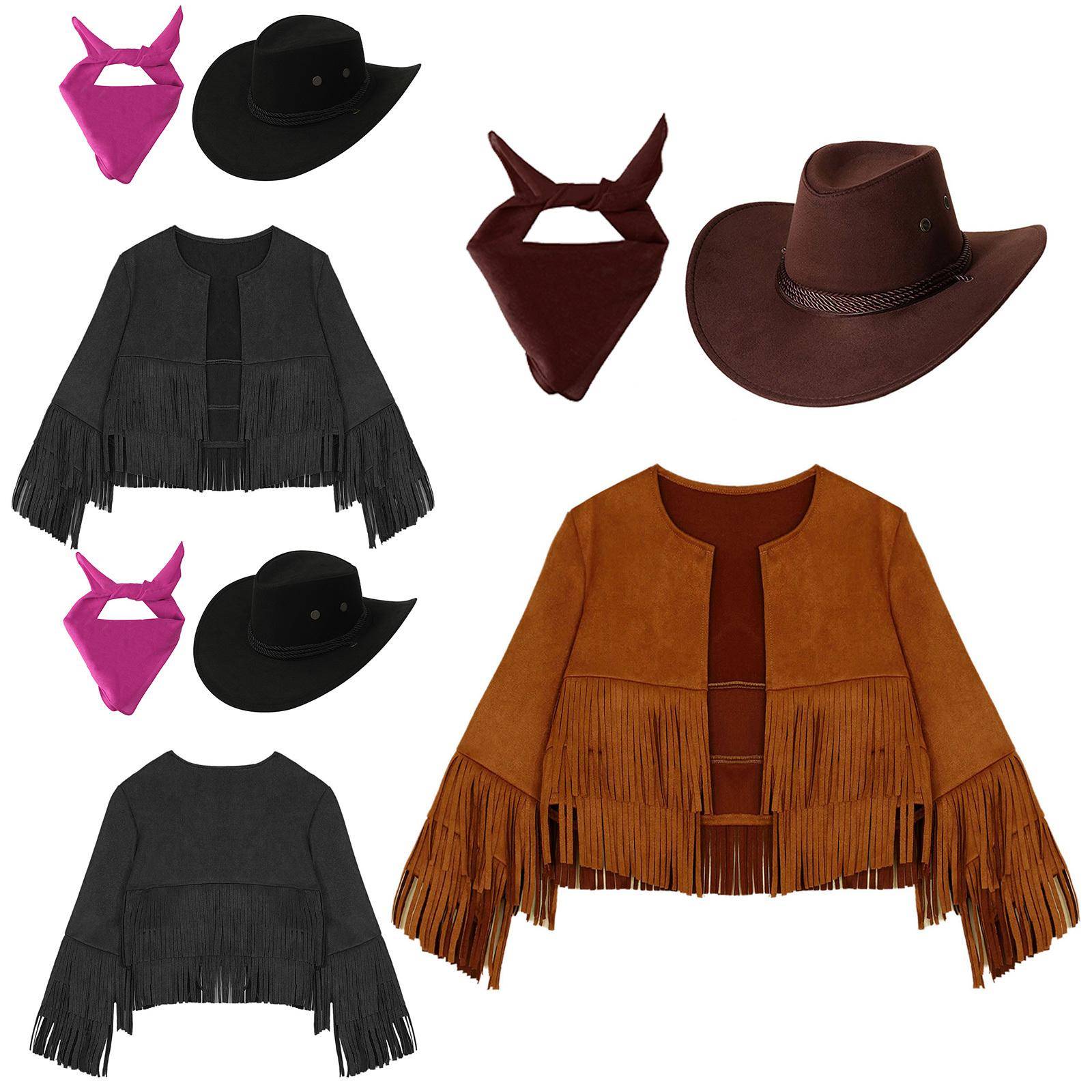 3-delat Barn Unisex Western Cowboy Kostymset: Fransväst, Hatt & Bandana för Halloween-utklädnad, Cowgirl-rollspelsfest cm brun