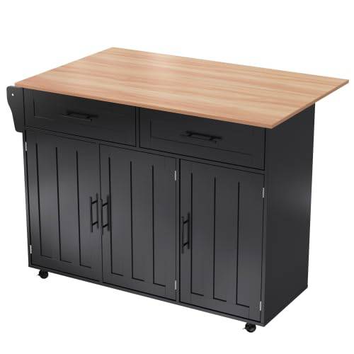 HAINEW Köksvagn på hjul med handdukshållare och kryddbräda, köksö med utbyggbar bänkskiva, köksskåp, serveringsvagn, förvaringsdörrdesign, 129 x 76 x 91,5 cm (svart)