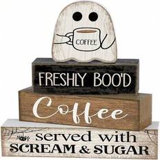 4 stycken Halloween-bordsdekorationer, träskylt med kaffespöken, Halloween-nivåbricka med bondgårdsmotiv, dekorativ skylt med kaffebarblock för hem, k - Svart