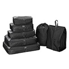 G4Free 6 st/9 st packkuber nät resa bagage väska set packorganiserare, 7 st-svart, (S+Slim+M+L+XL+Drawstring Bag+Shoes Bag)-7PC
