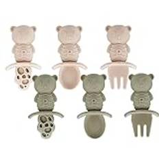 PandaEar 6 Pack Baby Led Weaning Spoons Forks 6+ Months | Silicone Baby Spoons and Fork Self Feeding Utensils, Toddler Infant Anti-Choke Feeding Utensils, Bear Shape (Light Tan/Walnut)