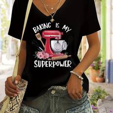TEMU Women's "baking Is My " Graphic V-neck T-shirt - Red Blender & Egg Beater Print, Breathable Short Sleeve Casual Top For Spring/summer, Family, Travel & , Tee,