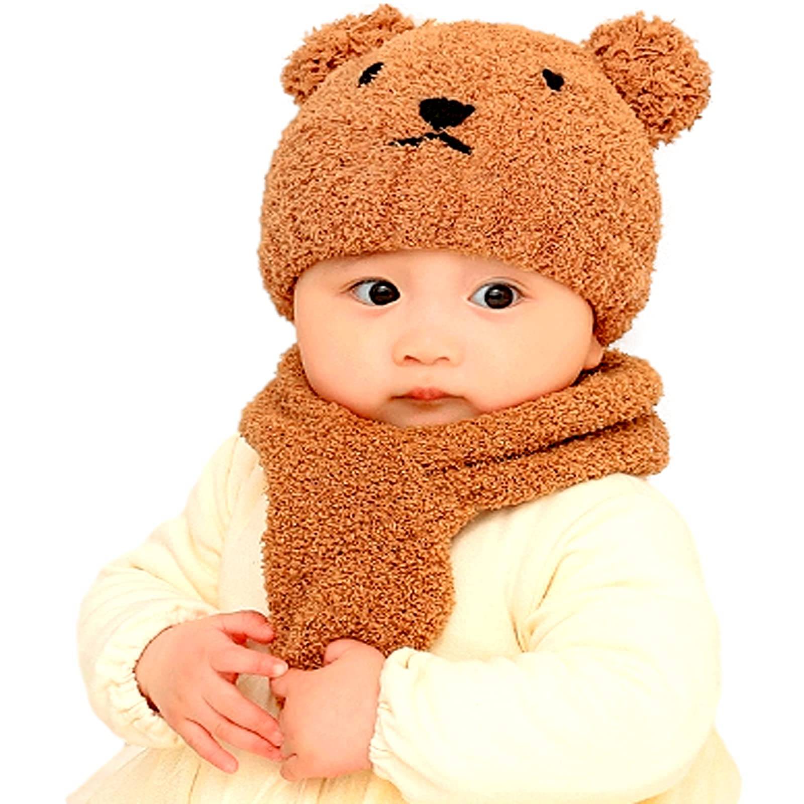 miaotti Baby Knit Hat and Scarf Set Bear Cold One Size Fits All (2 Pieces) - Design, Newborn, Winter, Protection, (0-2 Years) (Light Brown)