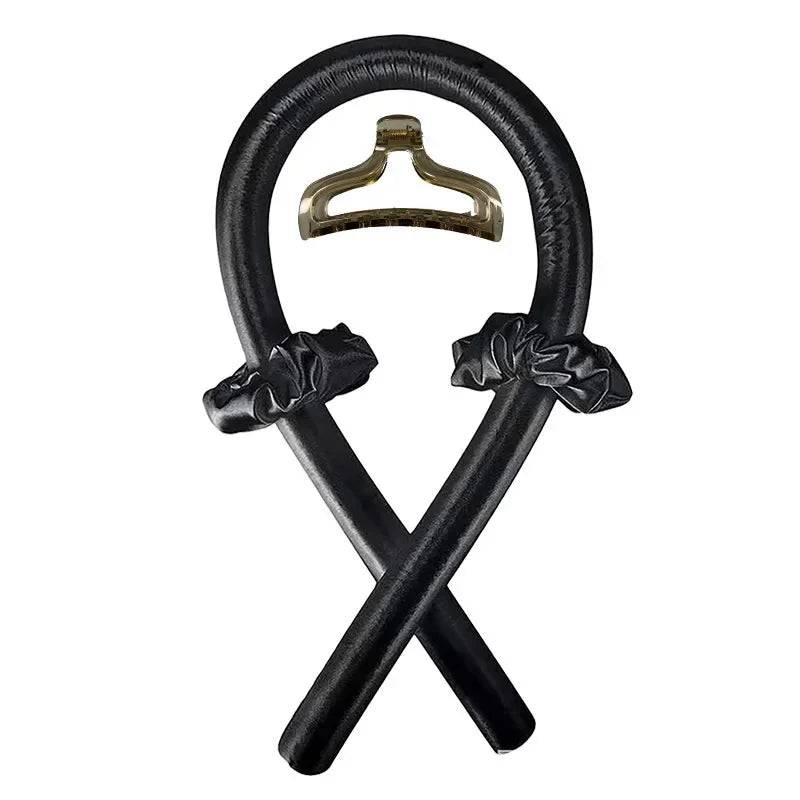 Heatless Curling Rod Headband No Heat Silk Curls Ribbon Hair Rollers Sleeping Soft Headband Lazy Hair Curlers Hair Styling Tools - Black with Clip / CHINA