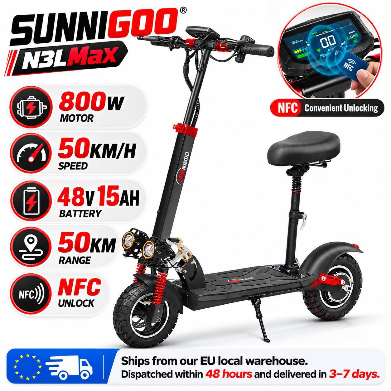SUNNIGOO N3LMax 800W Elsparkcykel för Vuxna, 48V 15Ah, 50KM/H, Räckvidd 40-50KM, 10  Terrängdäck