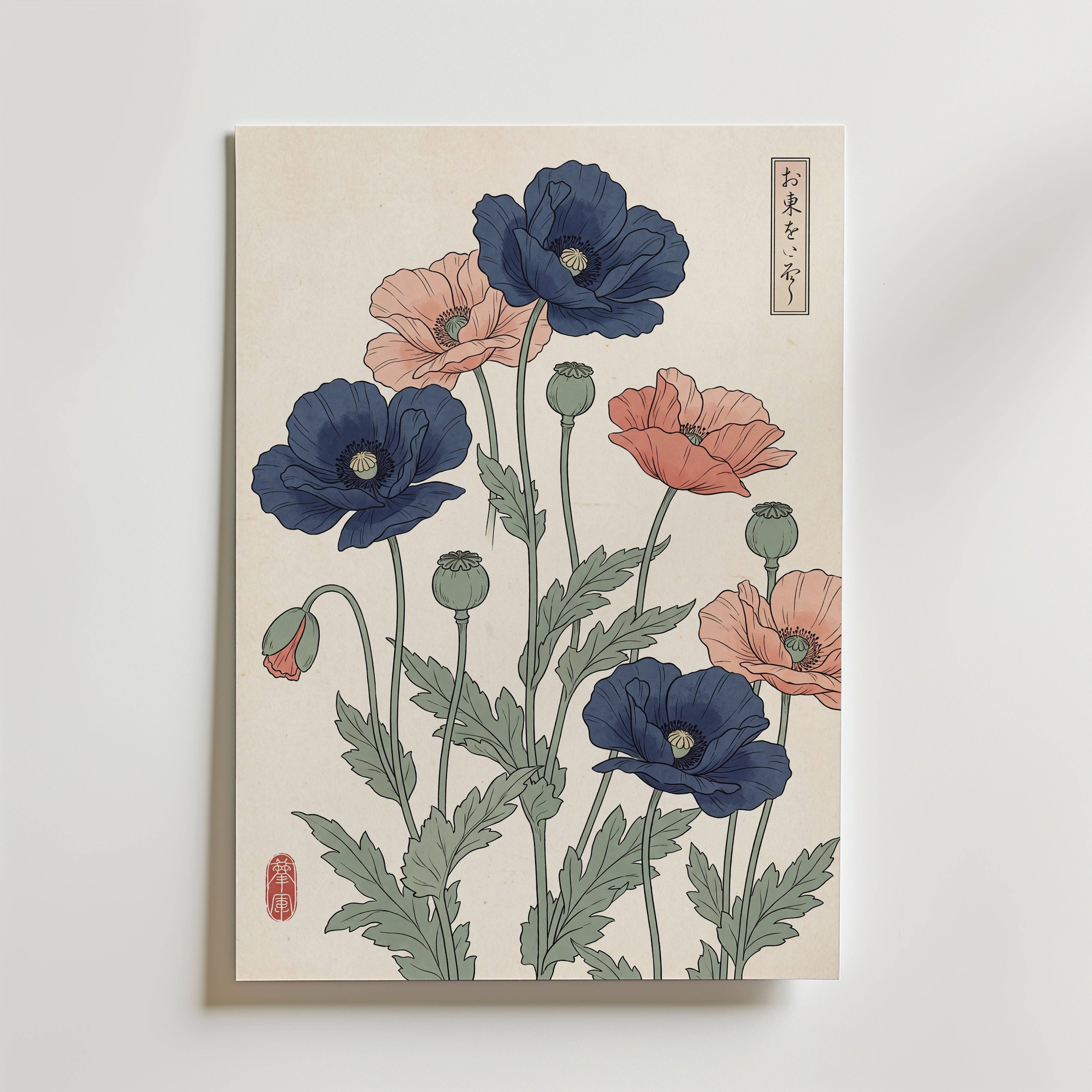 Indigo Poppies Poster - Premium Canvas 30x40 cm Utan passepartout