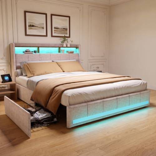 äng 140 x 200 med LED och 2 USB, typ-C, dubbelsäng med 4 förvaringslådor, säng för 2 personer, vadderad säng med sänggavel och LED-belysning, ribbotten (utan madrasser) (beige, 140 x 200 cm)