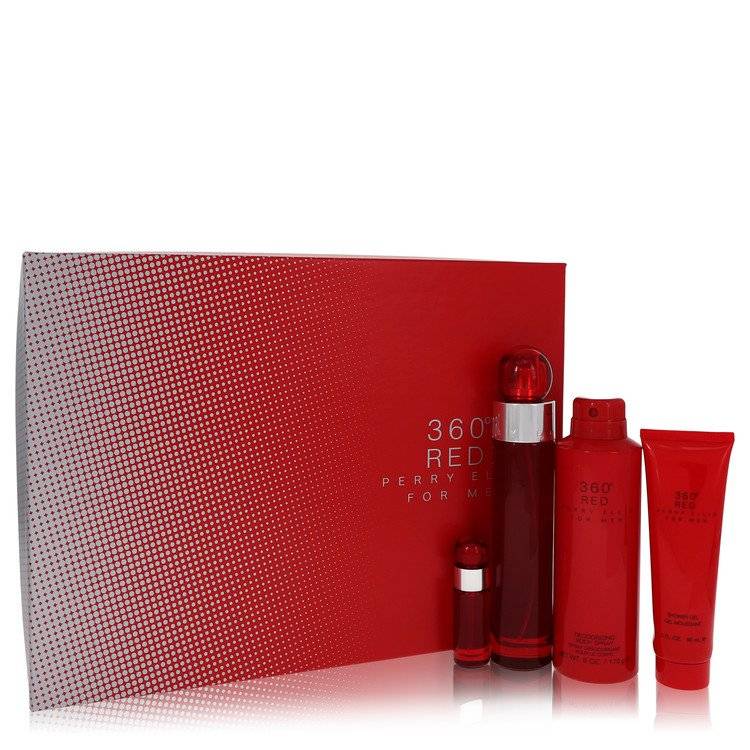 Coffret cadeau Perry Ellis 360 Red - Eau de toilette vaporisateur 3.4 oz + mini vaporisateur EDT 0.25 oz + spray corporel 6 oz + gel douche pour homme 3 oz
