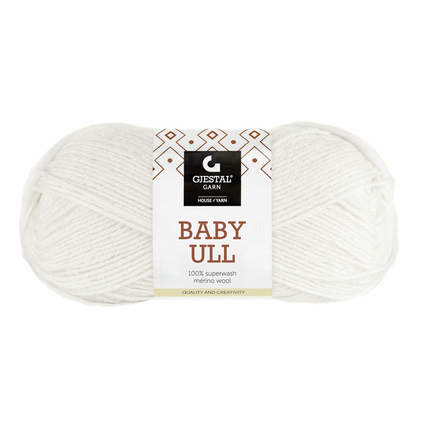 Gjestal Baby Ull 8539 Kit Indhold: 100% superwash merinould Vægt/længde: 50 g = ca. 165 meter Anbefalede pinde: 3.00 mm Strikkefasthed: 10 cm = 28 m Vask: Uldvask 40°C / Brug vaskemiddel til uld/silke / Brug ikke skyllemiddel / Tørres fladt..