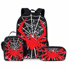 Red Spider Pattern Printed Backpack Three Pieces Set (Single-Layer Backpack + Shoulder Strap Lunch Bag + Single-Layer Pencil Bag) Bag For School Colle - Black