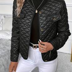TEMU Women's Quilted Puffer Jacket - Stylish Black Polyester Outerwear With Button Details, For Fall/winter Casual Wear, Fall Fashion Jacket | Stylish Collarless Coat | Glossy Finish, Cute Jacket