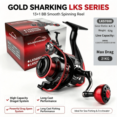 Gold Shark spinningrulle i metall, ultralätt fiskedrag, LKS2000-7000-serien, utväxling 4:7:1, max dragkraft 21 kg, lämplig för fiske - Multifärgad (Svartröd)