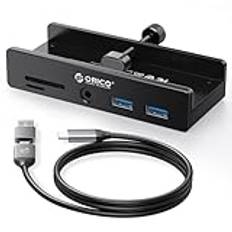 ORICO USB Hub 3.0, klämma USB-hubb med extra kraftport, USB C-adapter i aluminium med 2 USB-A-dataportar, 3,5 mm AUX, SD/TF-kortläsare för skrivbord (svart)