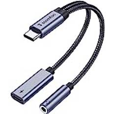 SOOMFON 2-i-1 USB C till jack adapter och laddning, typ C 3,5 mm Aux-hörlursadapter med DAC-chip, PD 60 W snabbladdning, för iPhone 15/15 Pro Max, Samsung S24/S23/S22, Huawei, Pixel osv. (mörkgrå)