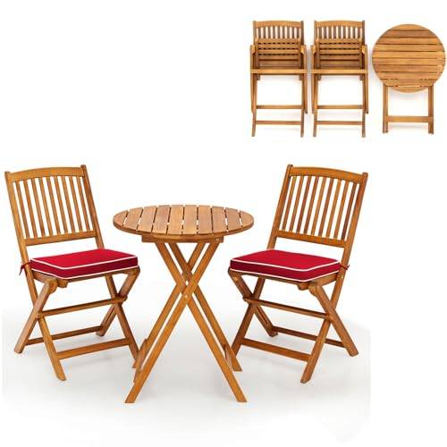 KOMFOTTEU 3 delar balkongmöbler, vikbart balkongset, trädgårdsmöbelset med 1 bord och 2 stolar, sittset med 2 kuddar, sittgrupp bistroset för balkong, trädgård (röd kudde)