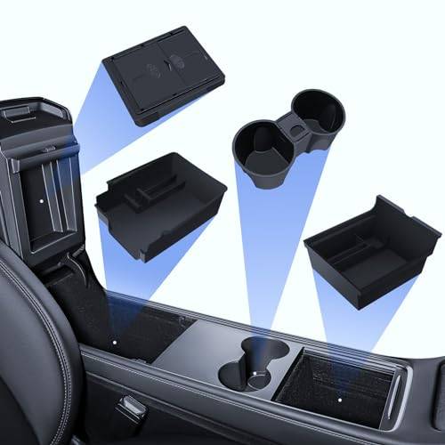 LANTU 4 St Tillbehör för Tesla Model Y 2021-2024 och Model 3 2021-2023, Mittkonsol Organisatör, Armstöd Förvaringslåda, Dold Förvaringslåda och Dryckeshållare Tesla Tillbehör