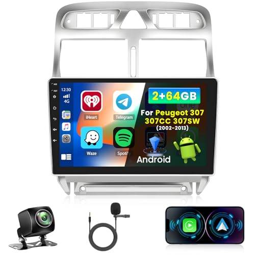 Inefala 9 tums Android 13 Autoradio för Peugeot 307 307 CC 307SW 2002-2013 2 DIN-skärm (2+64GB) med trådlös CarPlay Android Auto FM RDS GPS Bluetooth WiFi bakkamera ratthjul