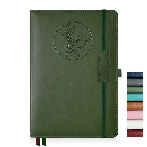 Qefuna Anteckningsbok Journal för kvinnor män, 256 sidor A5 inbunden läderjournal för arbete, fodrad journal/anteckningsbok med 100Gsm papper, pennhållare och innerficka 5,8"×8,4"（grön）