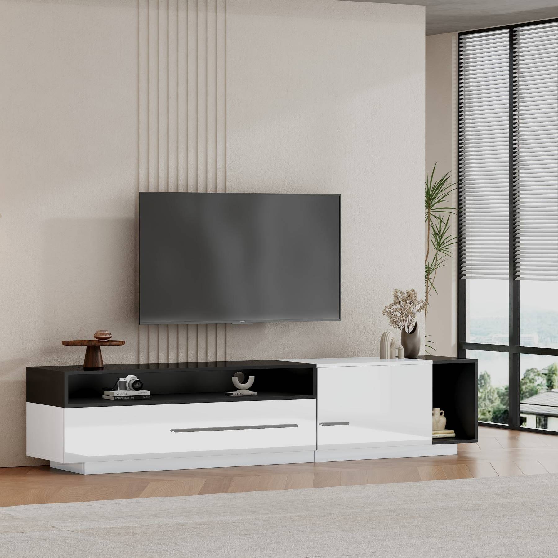 TV Unit with Storage, Modern TV Stand with Waterproof and Scratch-resistant Surface, Up 70in TV Size White+Black Aosom UK