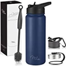 Milu Termosflaska i rostfritt stål, 500 ml, 750 ml, 1 000 ml 3 lock termosflaska med sugrör, isolerad vattenflaska, läckagesäker isoleringsflaska, dubbelväggig, lämplig för kolsyra (marinblå, 1