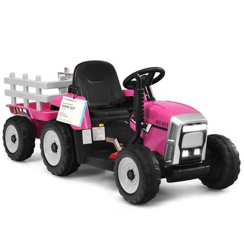 COSTWAY 12 V 3-växlad traktor med avtagbart hänge och 2,4 G fjärrkontroll, barnsätestraktor med LED-lampor, musik, signal- och USB-funktioner, lämplig för barn från 3 år (rosa 135 x 51 x 53 cm