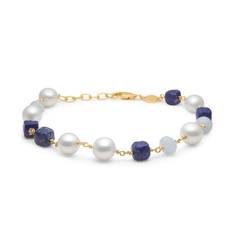 Mads Z "Treasure" armbånd 14kt. guld m. lapis, aquamarin og perle (18,5-20,5cm)