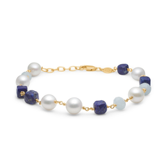 Mads Z "Treasure" armbånd 14kt. guld m. lapis, aquamarin og perle (18,5-20,5cm)