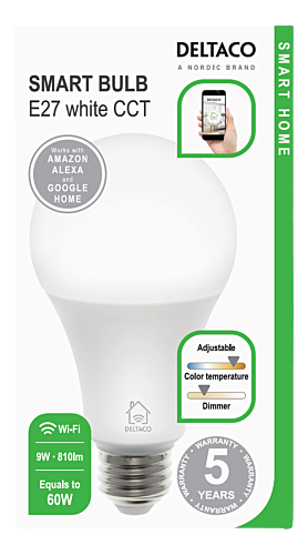 LED-lampa Deltaco Smart Home E27 WiFi, dimbar, 2700K–6500K, 9W (E27 9W)
