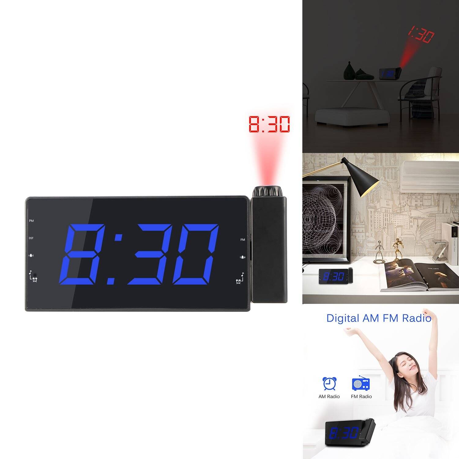 Digital väckarklocka projektion klocka med tid temperatur projektion trippel alarm fm radio 3 dimmers snooze inställning sleep timer - Röd