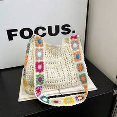 Retro Contrast Color Floral Hollow Out Knitted Shoulder Bag, Beach Purse, Perfect For Summer, Vacation & Daily Use, Travel Must Haves - Beige