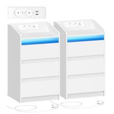 Hzuaneri Sängbord set om 2 med 3 lådor, sidobord med laddningsstation och LED, 2 AC-uttag 2 USB-portar för sovrum, vardagsrum, Vit NS40103X