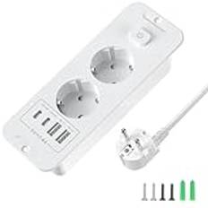 Infällbart uttag, 2-faldigt, infällt grenuttag med 2 USB, infällt uttag, flera uttag, bordsuttag med 2 USB C, bordsskiva försänkt uttag, 2 m kabel, vitt