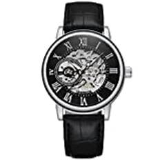 RORIOS Herrklockor mekaniskt skelett automatisk klocka lysande klocka med läderrem självuppdragande armbandsur, Silversvart, 230mm, Automatisk klocka, mekanisk, självuppdragande