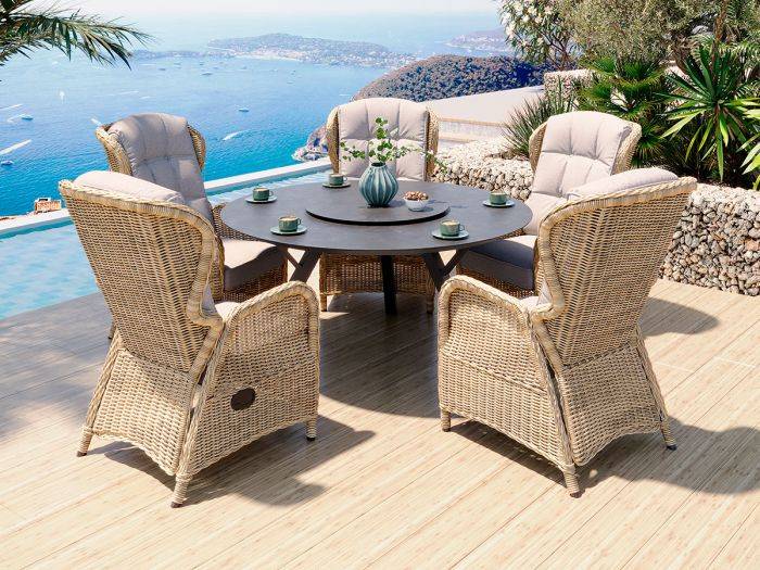 Jamaica rund matgrupp 150 cm med 5 reclinerstolar i naturmix