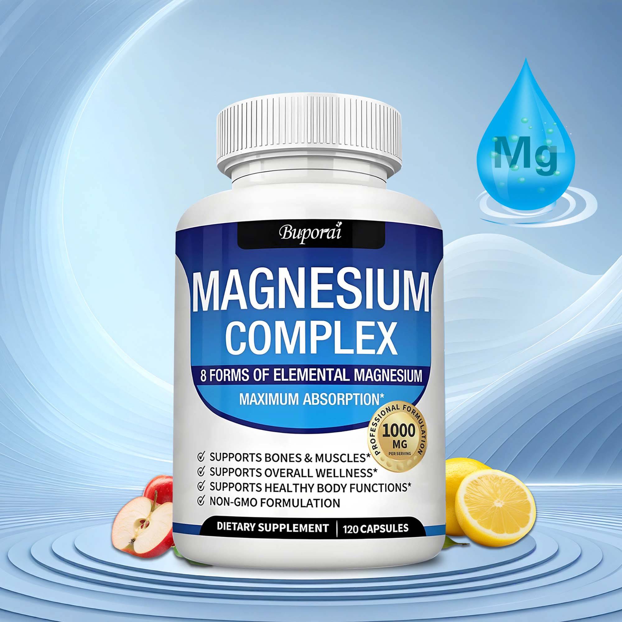 8-i-1 Magnesiumkomplex Kapslar: Magnesiumoxid, Magnesiumglycinat, Magnesiumtaurat – Hög absorption