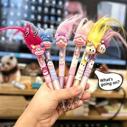 1 st rolig gelpen med rörligt hår och 3D-pennhuvud i form av söt ful figur, 0,5 mm svart bläck, smidig skrivupplevelse, kawaii makaronfärgat tryck, kr - 6 st