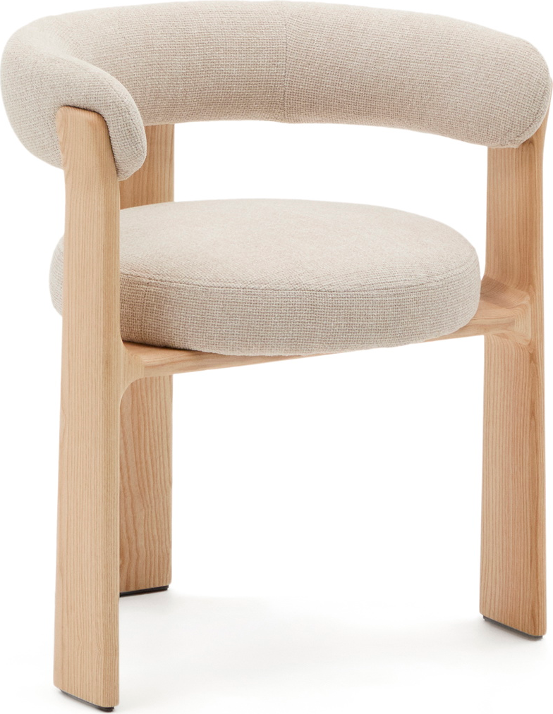 Spisestol med armlæn Kave Home Granite – rund beige chenille, FSC asketræ ben, polstret sæde