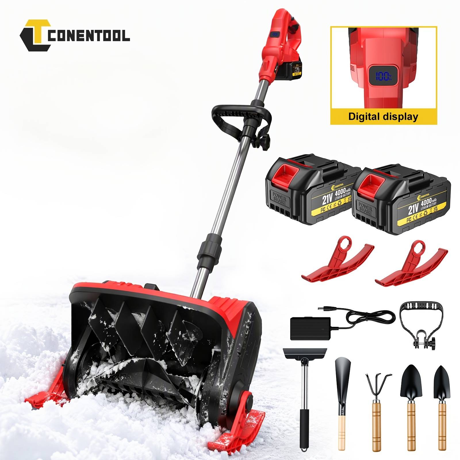 Conentool 21v Cordless Snow Shovel With A 14-inch Clearing Width, 6-inch Clearing Depth, And 24-foot Throwing Distance. With 1 Or 2 4000mah Batteries; Suitable For Driveways, Decks, And Walkways.