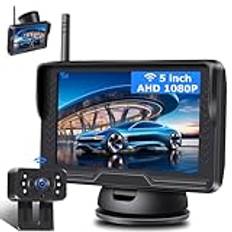 【Stabil bild】AHD 1080P backkamera trådlös, backkamera trådlös med 5 tums backkamera med monitor 6 LED trådlös bakkamera bil supermörkerseende 170° vidvinkel för DC 12 V bil SUV lastbil
