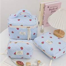1 Piece Cute Strawberry Pattern Cosmetics Bag Blue Grid Print Toiletry Bag With Quilted Design Fashionable Travel Cosmetics Bag With Ribbon Zipper Lar - Blue - L,M,S,L+S,L+M,M+S,L+M+S