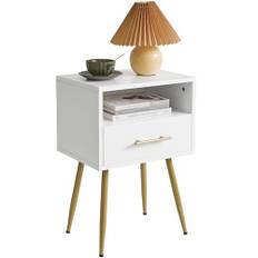 IBUYKE Nattduksbord, mitten av århundradet modernt sängbord med ben, minimalistiskt och praktiskt sidobord med 2 nivåer förvaringsutrymme, för sovrum, vardagsrum, vit WNS004W
