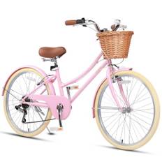 Glerc Cruisercykel för tjejer, 24 tum, 6-växlad hybridcykel för tjejer mellan 7 och 11 år, med rottingkorg lätt ram och framgaffel, rosa