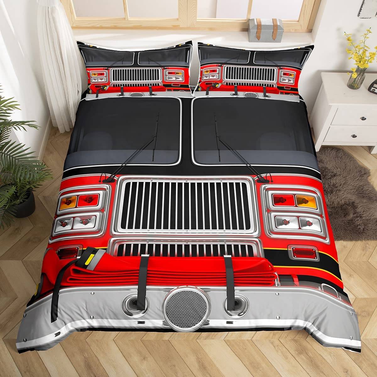 Brandbil Kung Drottning Påslakan Tecknad Polisbil Sängkläder Set för Barn Pojkar Brandman Täcke Överdrag Polyester Täcköverdrag 70x133cm 2pcs