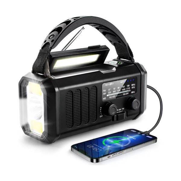 Nødradio, FM/AM, 10.000 mAh Powerbank, Lygte, Solceller og Håndsving, Sort.