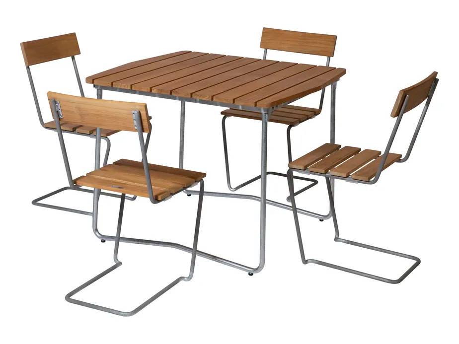 Grythyttan Stålmöbler B31 matgrupp Teak/galvaniseret stål 4 stole & bord 84 x 92 cm