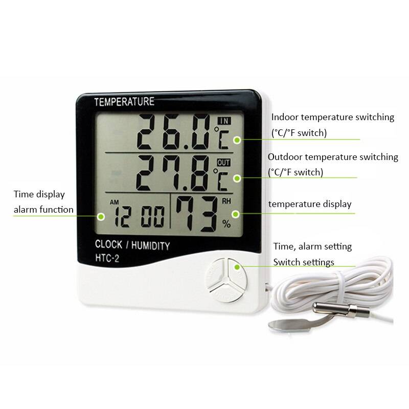Lcd digital temperatur fuktighetsmätare -2 -1 inomhus utomhus hygrometer termometer väderstation med klocka - Htc -2