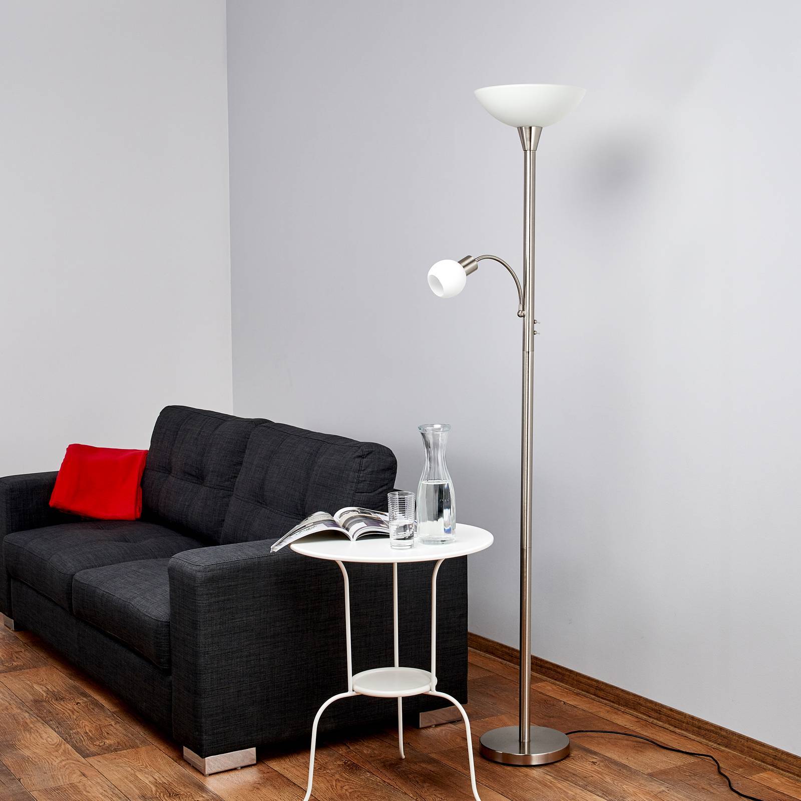 Lindby golvlampa Elaina, läslampa, nickelfärgad, 180 cm, E27 Elaina, Aluminium / grå / zink, Vardagsrum / matsal, Metall, Modern, Golvlampa