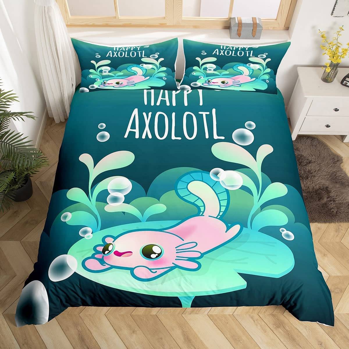 Sött Axolotl Sängklädesset För Pojkar Flickor Kawaii Reptiler Djur Täcke Örngott Tvilling King Size Havsliv Axolotl Påslakan US Queen(228x228cm)