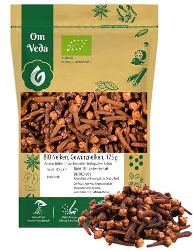 BIO Nelken Gewürznelken ganz | Nelken Gewürz Gewürze | Handverlesen Getrocknet | Kochen Backen | Organic Bio-Qualität DE-ÖKO-039 | Cloves Whole | OmVeda (175g)